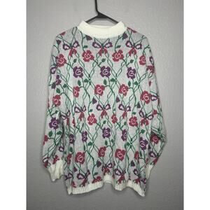 Vintage 90s Red Purple Flowers Bow Long Sleeve Grandmacore Sweater Size Large